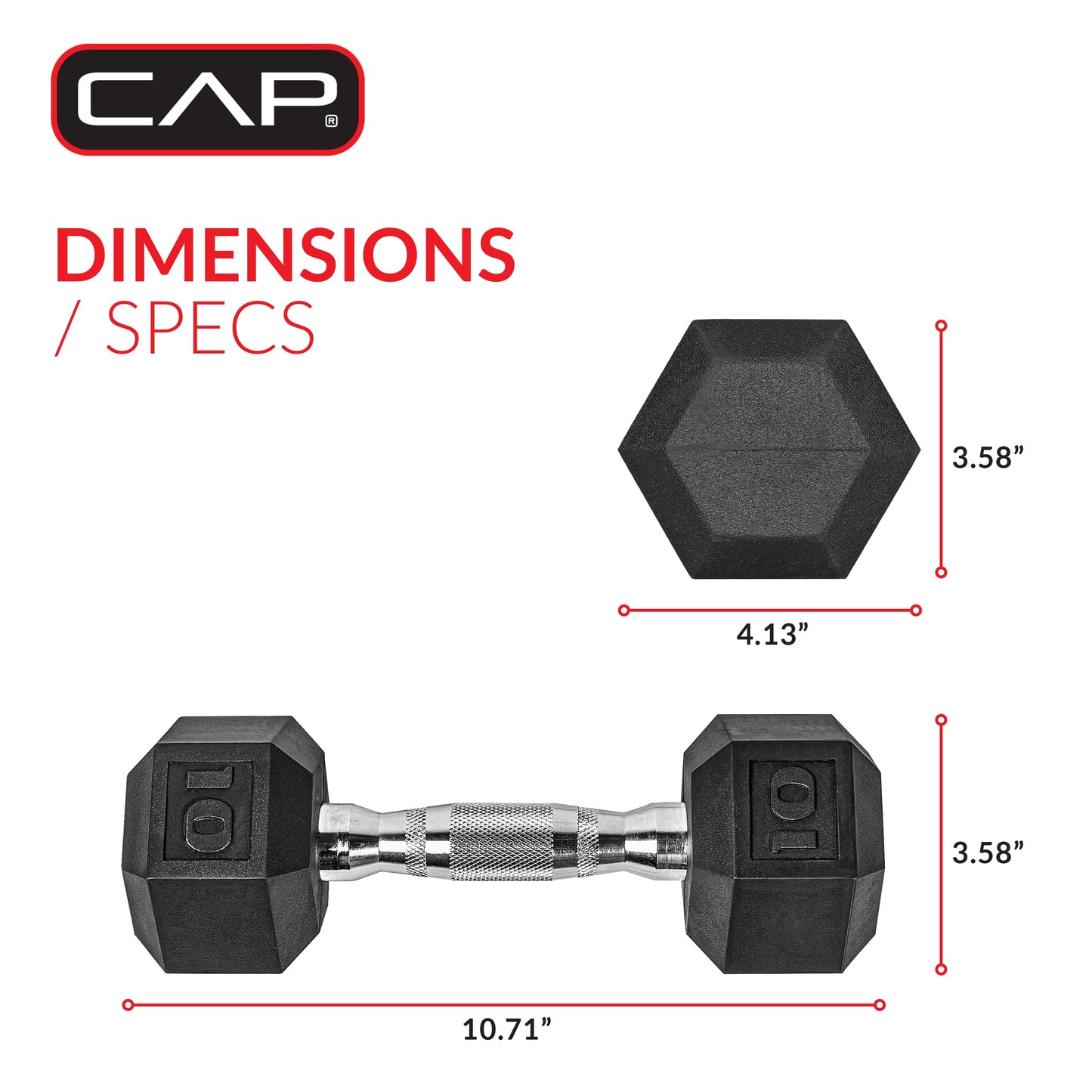 CAP Barbell, 10lb Coated Rubber Hex Dumbbell, Pair (No-Roll Design, Ergonomic Steel Handle, Durable Coated Weight)