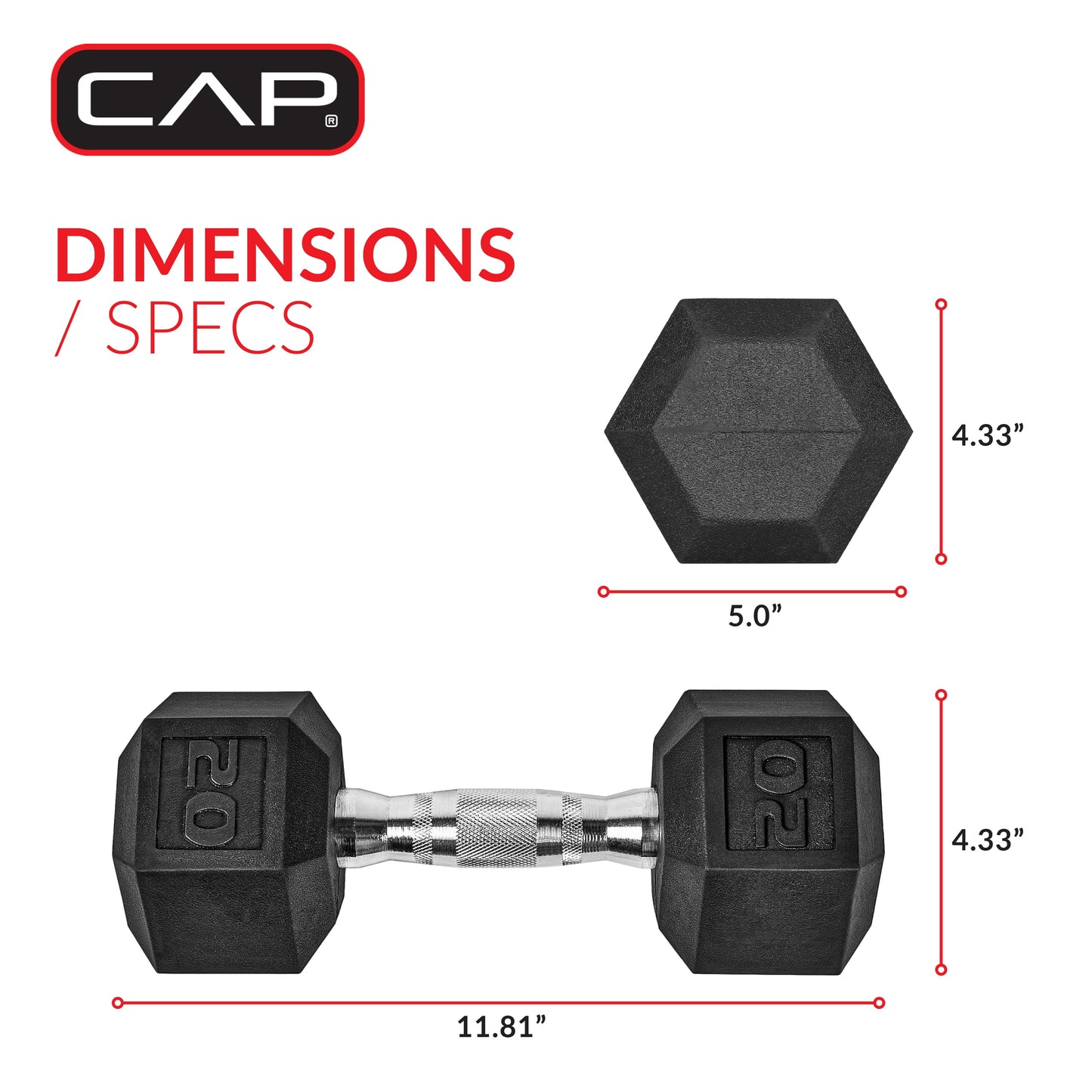 CAP Barbell, 20lb Coated Rubber Hex Dumbbell, Pair (No-Roll Design, Ergonomic Steel Handle, Durable Coated Weight)