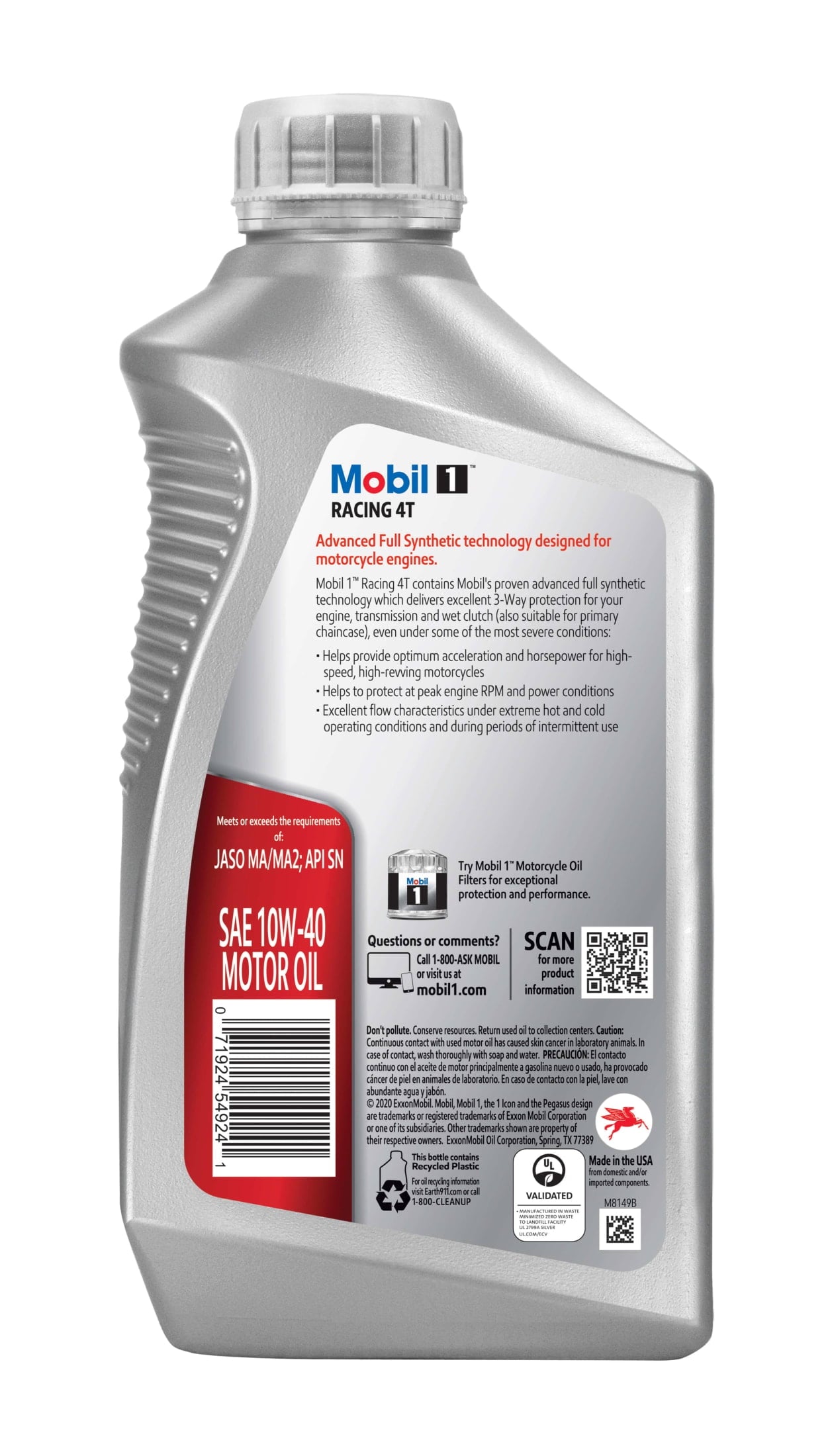 (3 pack) Mobil 1 Racing 4T Full Synthetic Motorcycle Oil 10W-40, 1 Quart