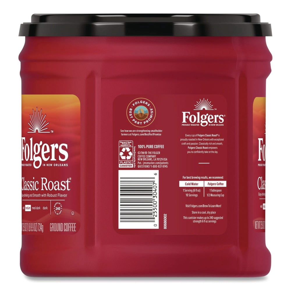 (6 pack) Folgers Classic Roast Ground Coffee, Medium Roast, 25.9 oz Canister