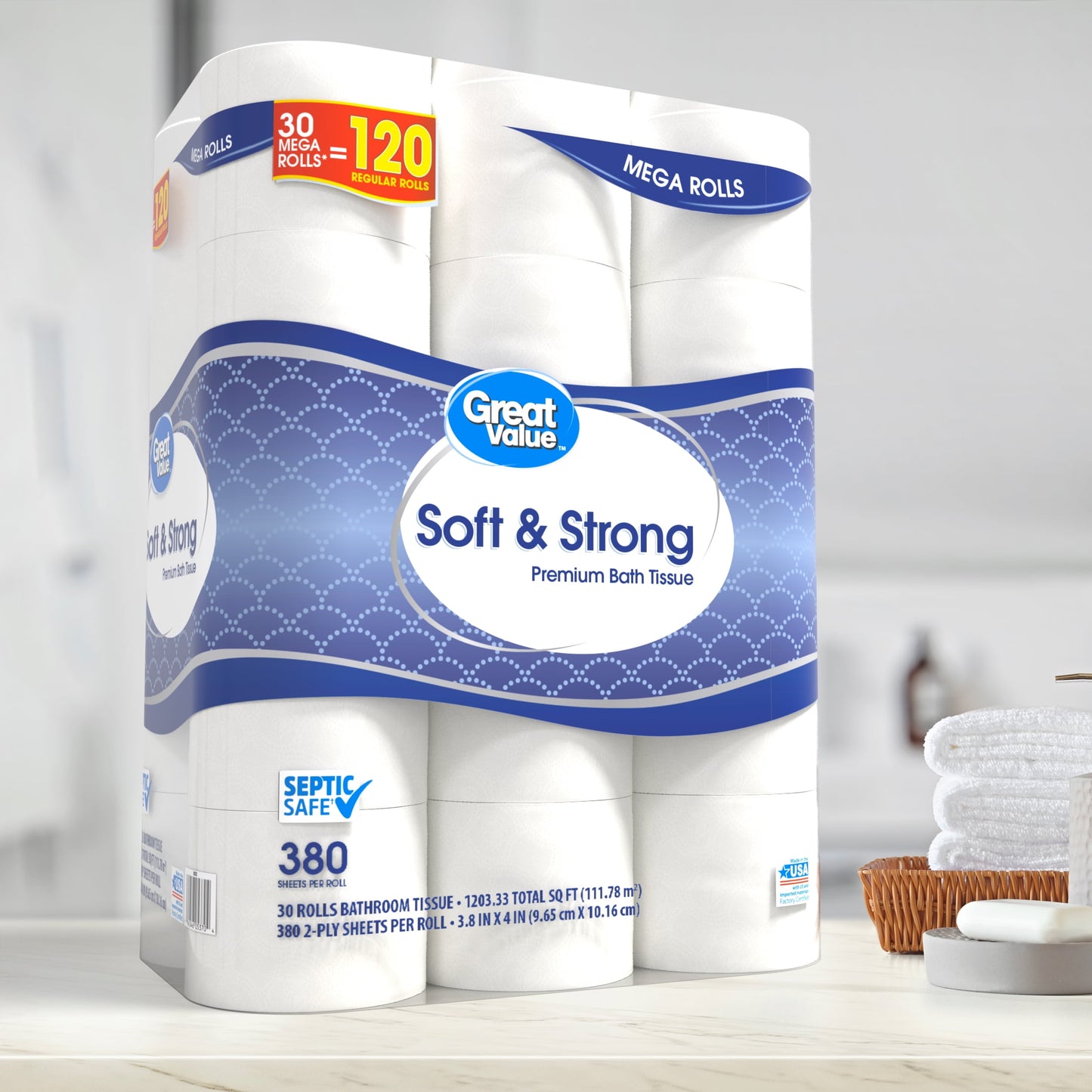 Great Value Soft & Strong Premium Toilet Paper, 30 Mega Rolls, 380 Sheets per Roll