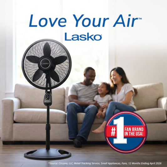 Lasko Cyclone 18" Quiet Oscillating Pedestal Fan with Remote, Timer, Adjustable Height for Whole Room Cooling, Black, 1843