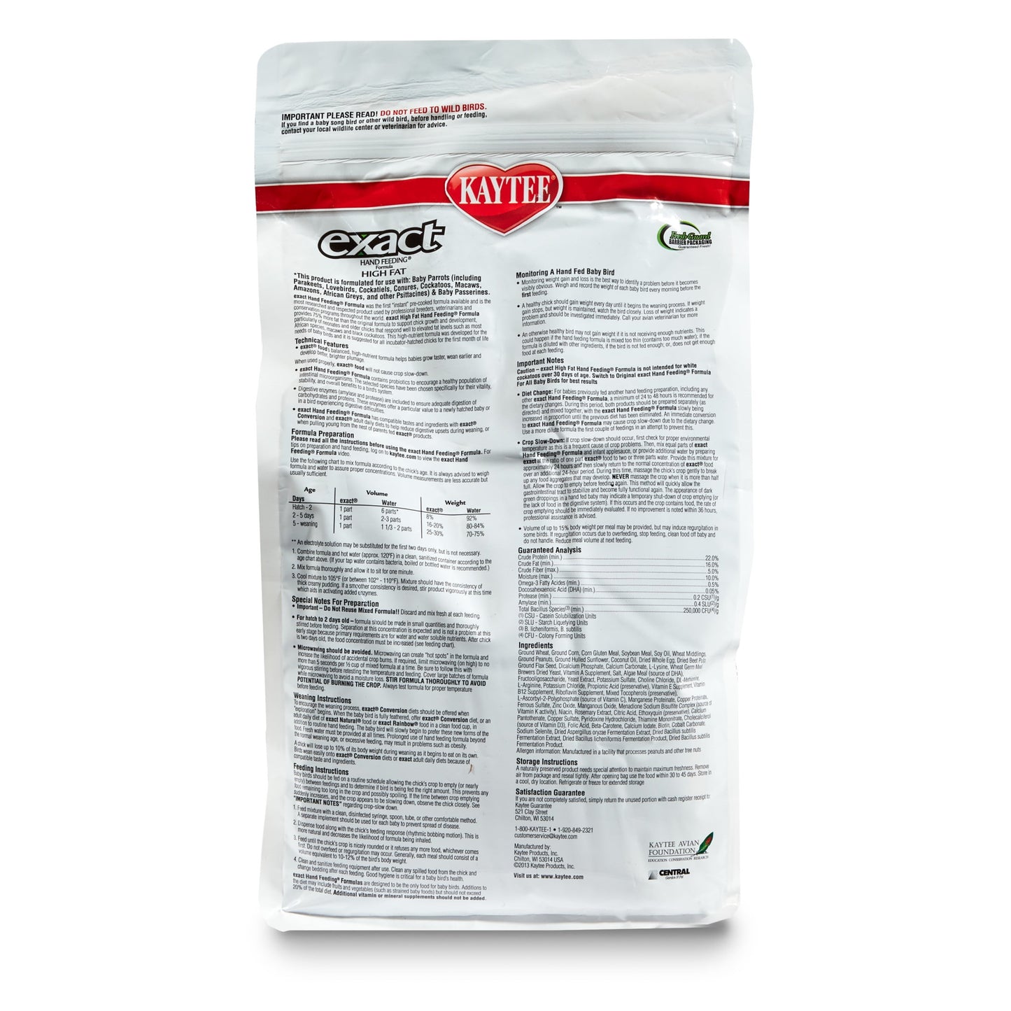 Kaytee Exact Hand Feeding High Fat Powder Formula Pet Baby Bird Food Mix, 5 Pound