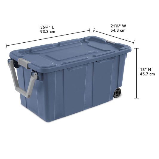 Sterilite Extra-Large Wheeled Industrial Storage Bin, 40 Gallon Durable Plastic Storage Tote with Latching Lid and Pull Handle, Blue, 2 Pack