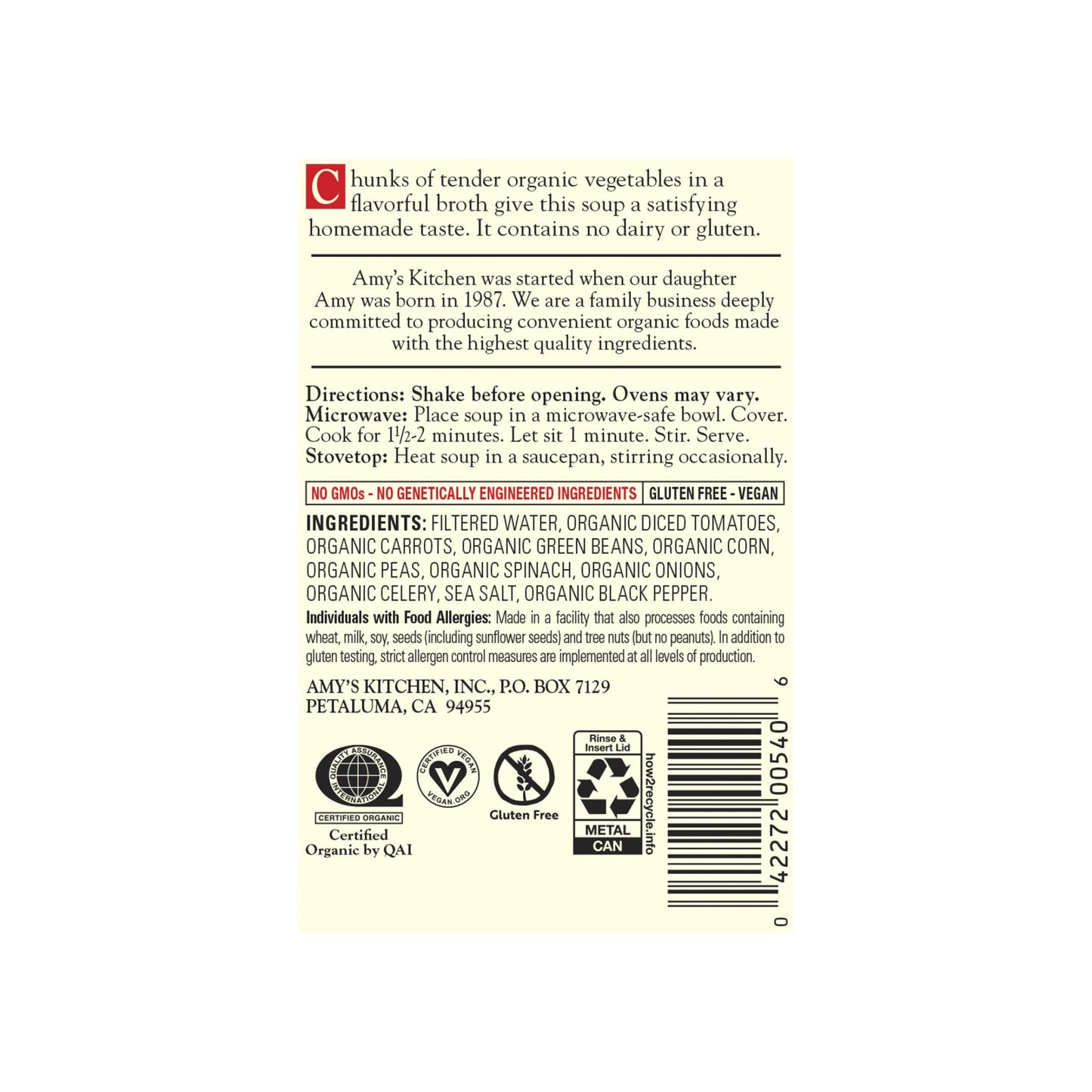 Amy’s Soup, Organic Chunky Vegetable Soup, Gluten Free, Made With Organic Vegetables, Canned Soup, 14.3 Oz