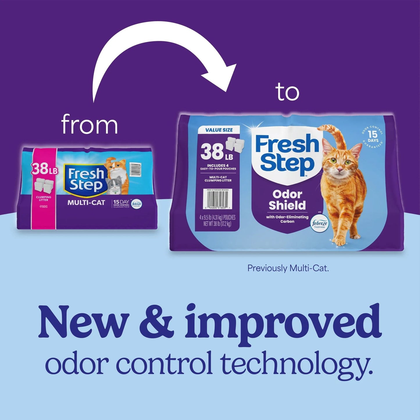Fresh Step Odor Shield Multi-Cat Clumping Cat Litter, Febreze Freshness Scent, 38 lb, Easy Pour Pouches (4 Pack)