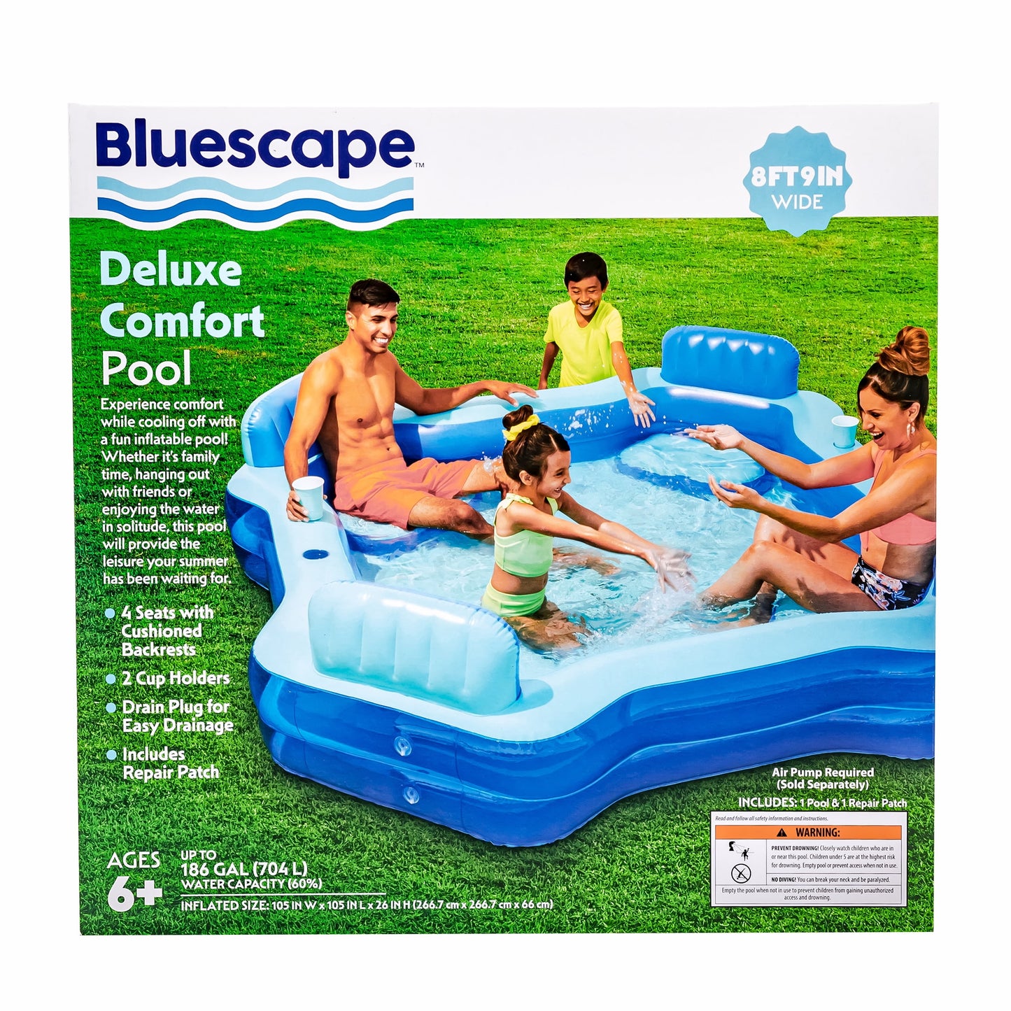 Bluescape Blue Deluxe Comfort Inflatable Family Swimming Pool, 4 Seats, Square, Age 6 & up