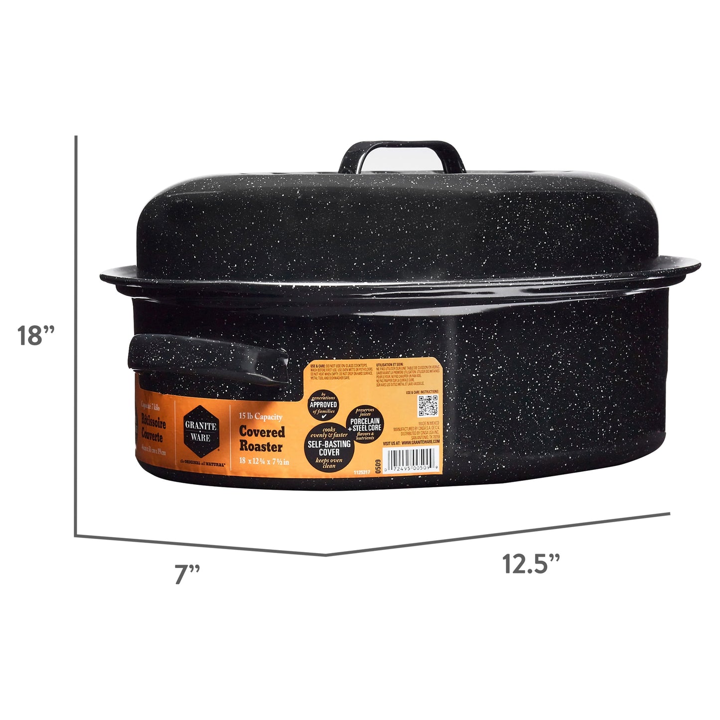 Granite Ware 18" Covered Oval Roaster with 15lb Capacity, Natural Non-Stick Roasting Pan