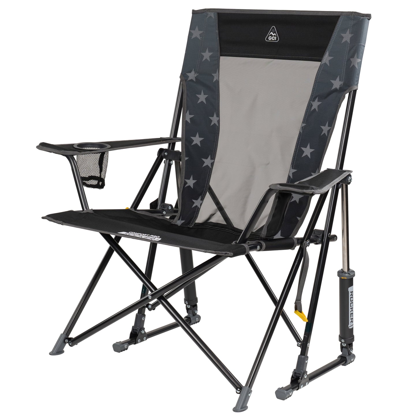GCI Outdoor Comfort Pro Rocker Foldable Rocking Camp Chair with Mesh Backrest, Americana Greyscale