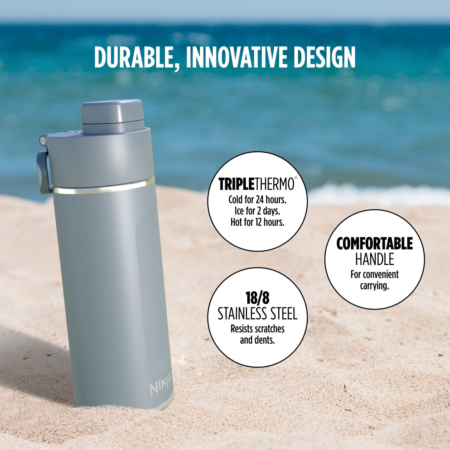 Ninja Thirsti 24 oz Travel Water Bottle, Stainless Steel, Leak Proof, 24 Hours Cold, Ash Gray
