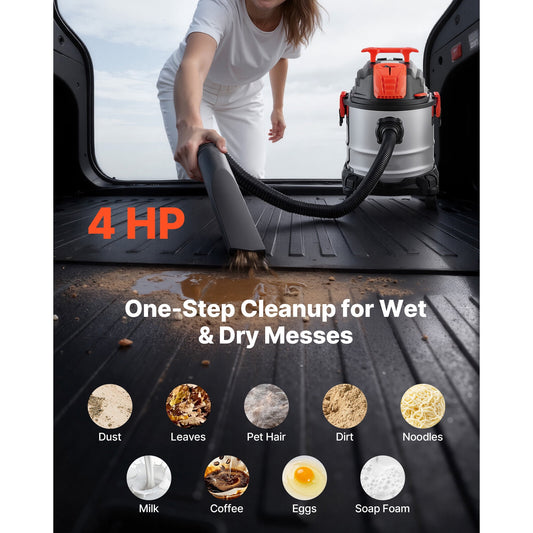 KFFKFF 5.8 Gallon Wet Dry Vacuum Cleaner, 4 Peak HP with Self-Cleaning Function, Dual-Filter System, 900W Power, 1.25in x 7ft Hose, 9.8ft Cord, Durable Metal Tank for Jobsite, Workshop, Garage, Home