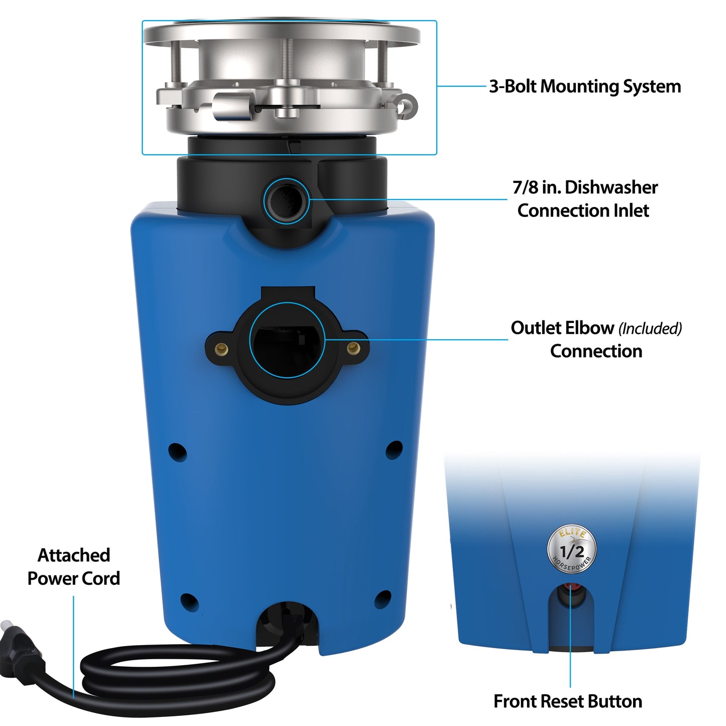 American Standard Elite ASE50 1/2 HP Continuous Feed Garbage Disposal with Power Cord