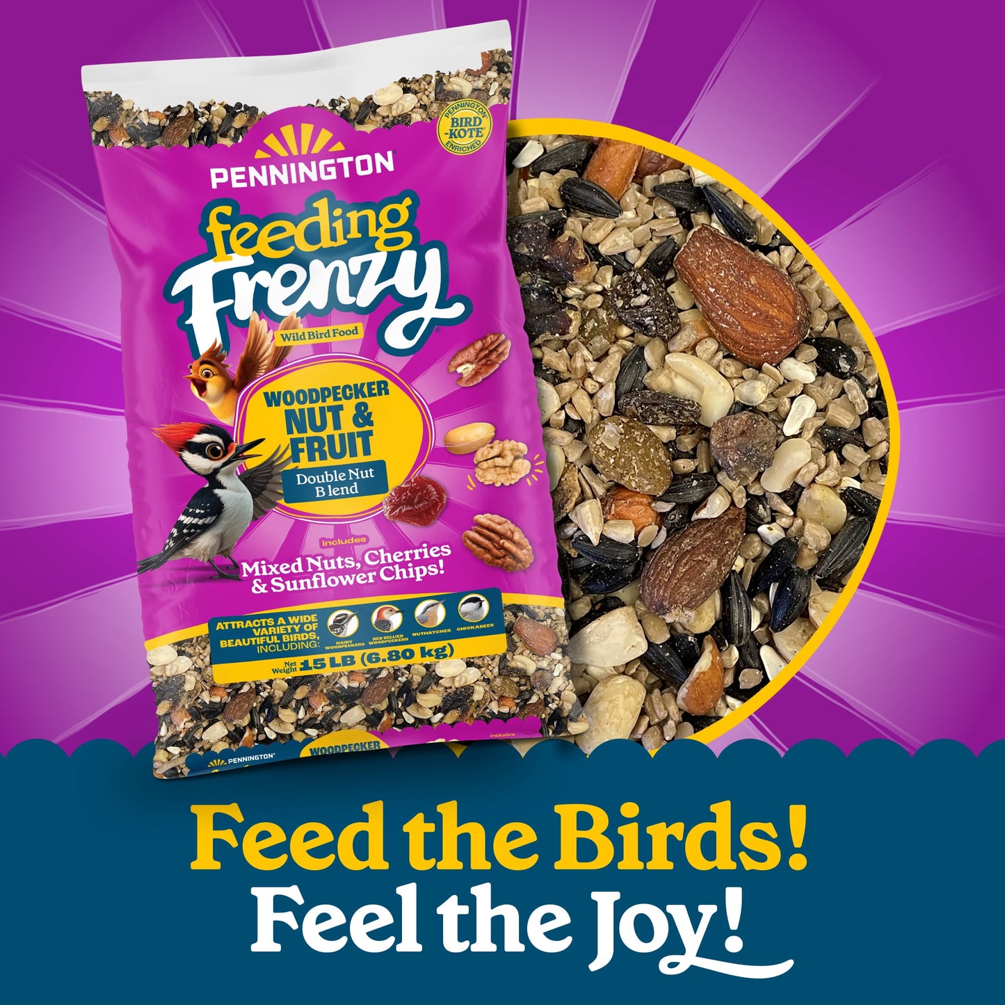 Pennington Feeding Frenzy Woodpecker Nut & Fruit Double Nut Blend Wild Bird Food, 15 Pounds