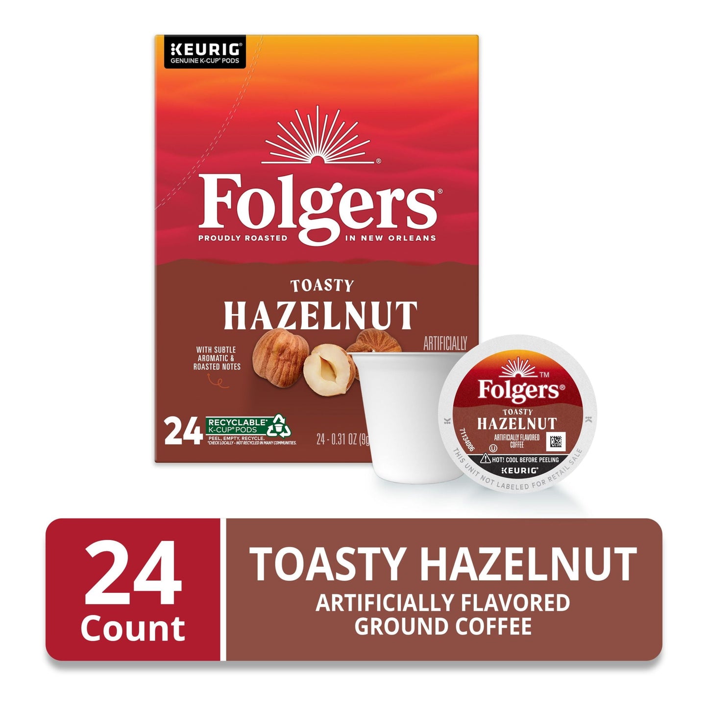 (4 pack) Folgers Toasty Hazelnut Artificially Flavored Coffee, Keurig K Cups, 24 Count Box