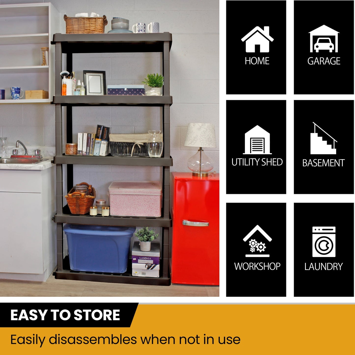 Hyper Tough Plastic Storage Shelves Garage Shelving Unit 5-Tier 73.80"H x 17.75"D x 36"W Black 750 lb Total Capacity