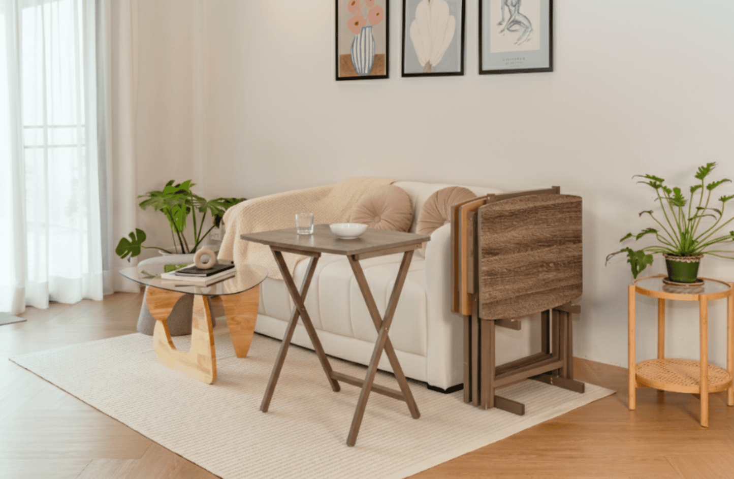 Mainstays XL Oversized 5-Piece Rubberwood Folding TV Tray Table Set of 4 with Storage Rack, Rustic Gray