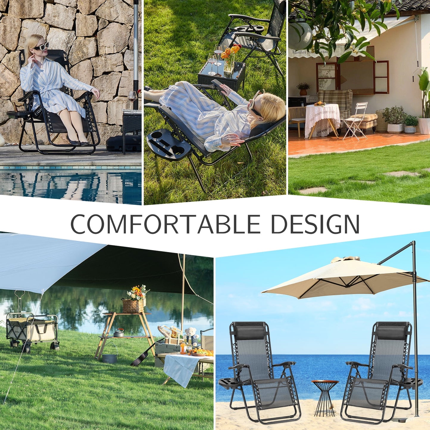 CONCETTA 2 Zero Gravity Lounge Chairs, Foldable Reclining Camping for Patio, Lawn, Beach, Black