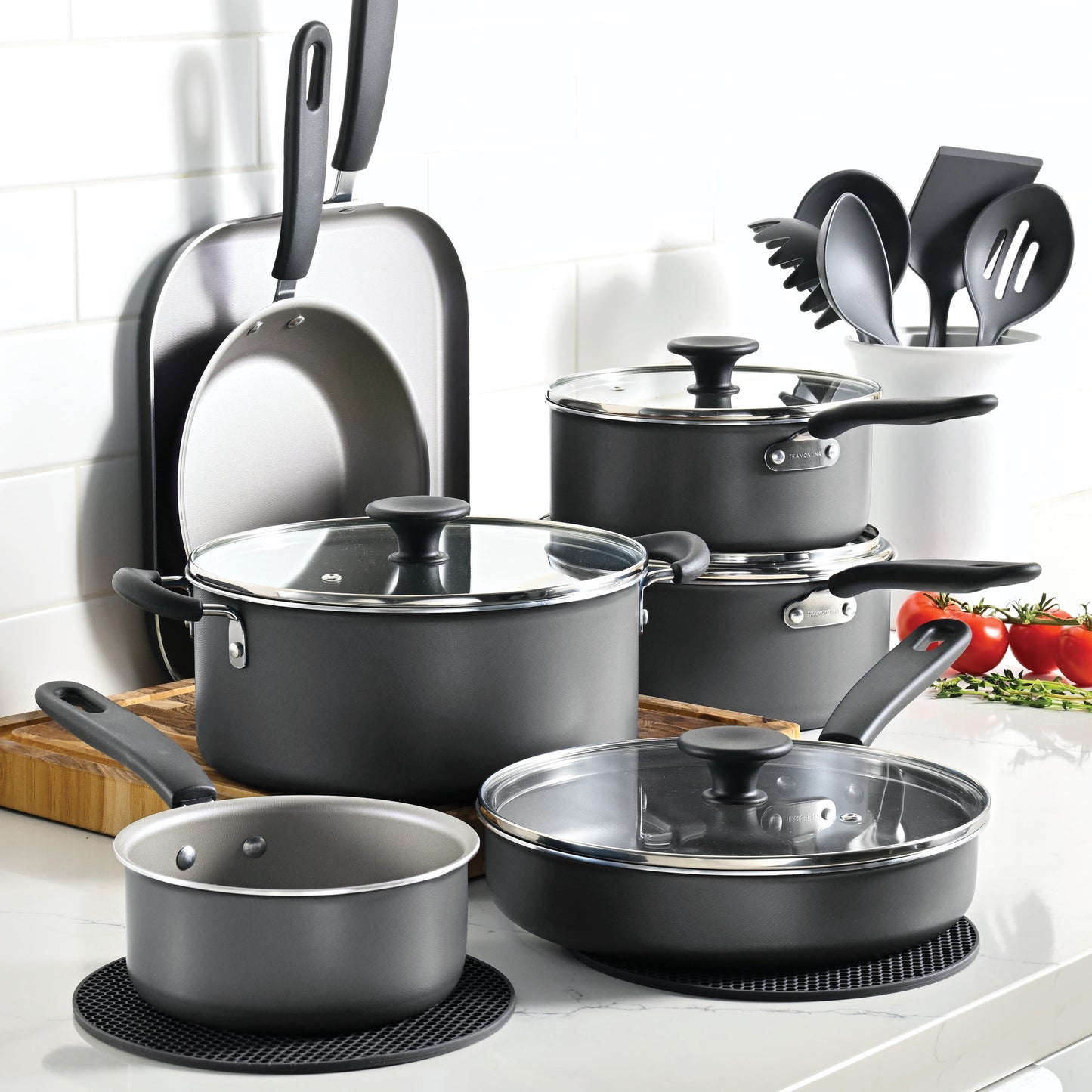 Tramontina Primaware 18-Piece Nonstick Cookware Set, Asphalt