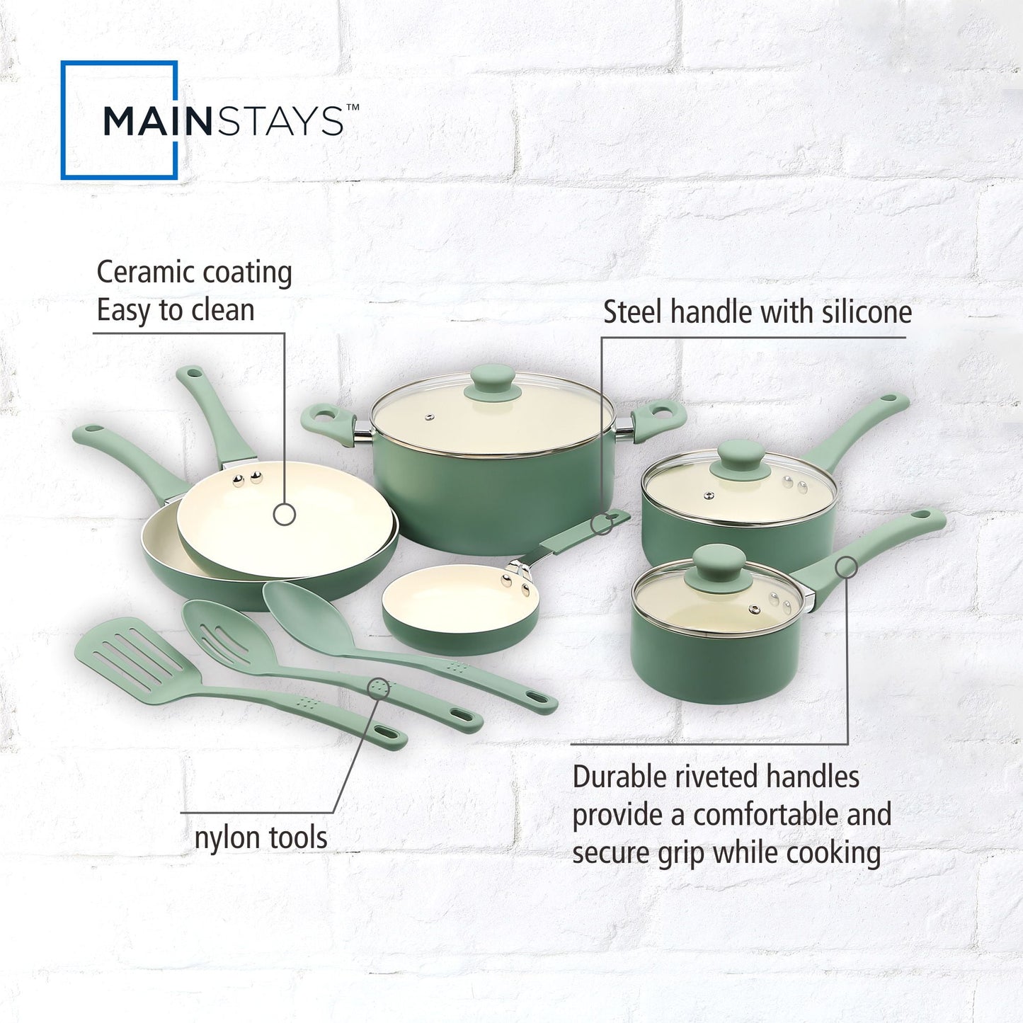 Mainstays Ceramic Aluminum, 12 Piece, Pots and Pans Cookware Set Green Nonstick