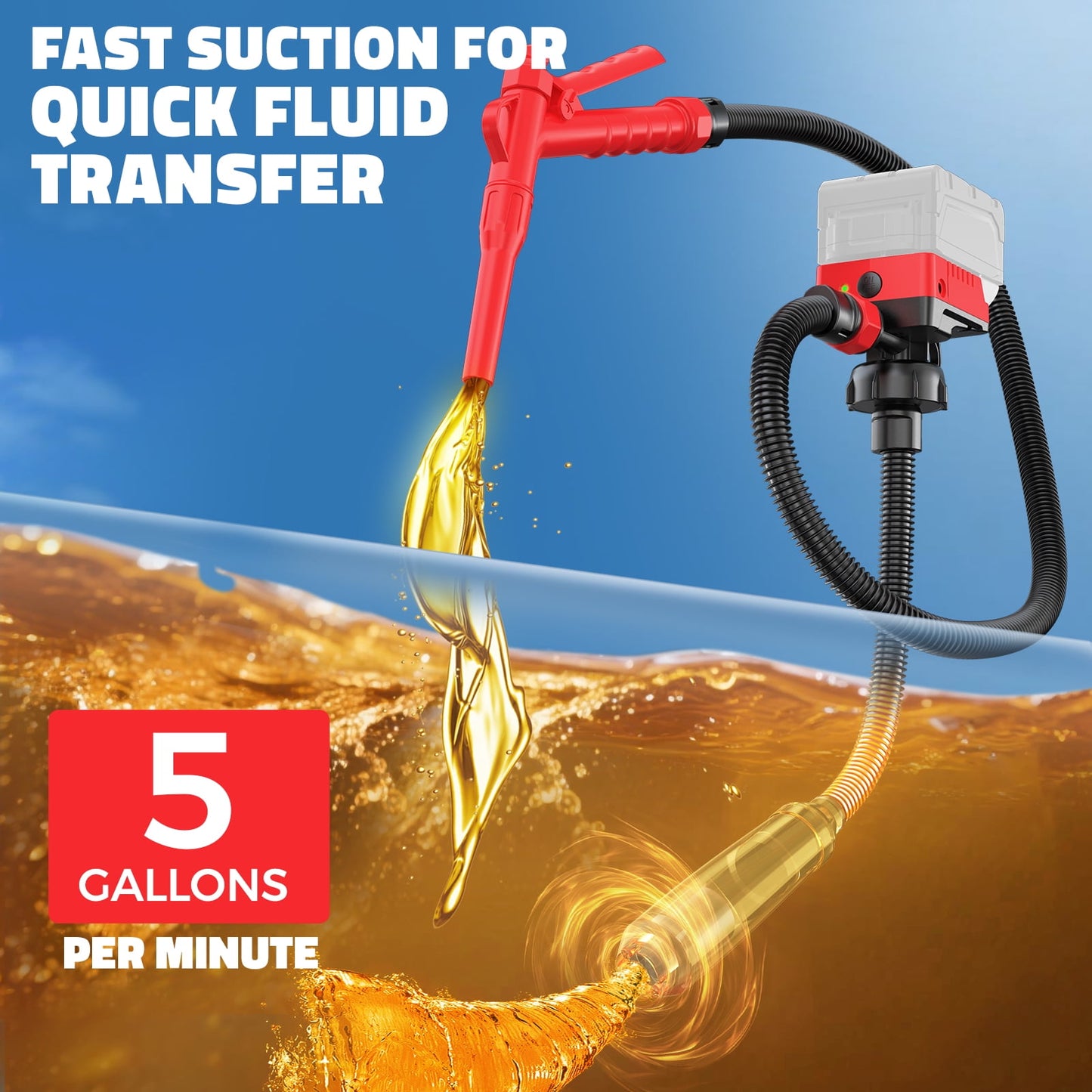 5 GPM Cordless Fuel Transfer Pump Compatible with DeWalt 20V & Milwaukee 18V Batteries, Portable Gas Can Pump with 51" Hose, 5 Adapters, Gas Pump for Diesel, Gasoline (Bare Tool)