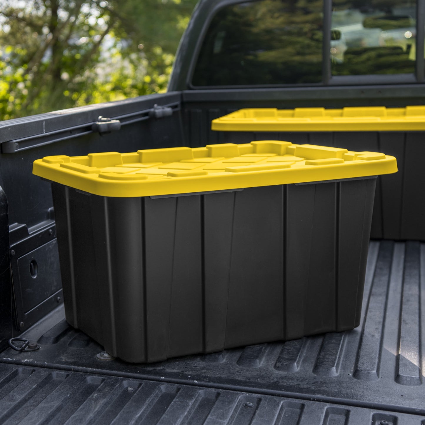 Sterilite Large Storage Bin, 27 Gallon Durable Plastic Storage Tote with Snap-On Lid, Black and Yellow, 6 Pack