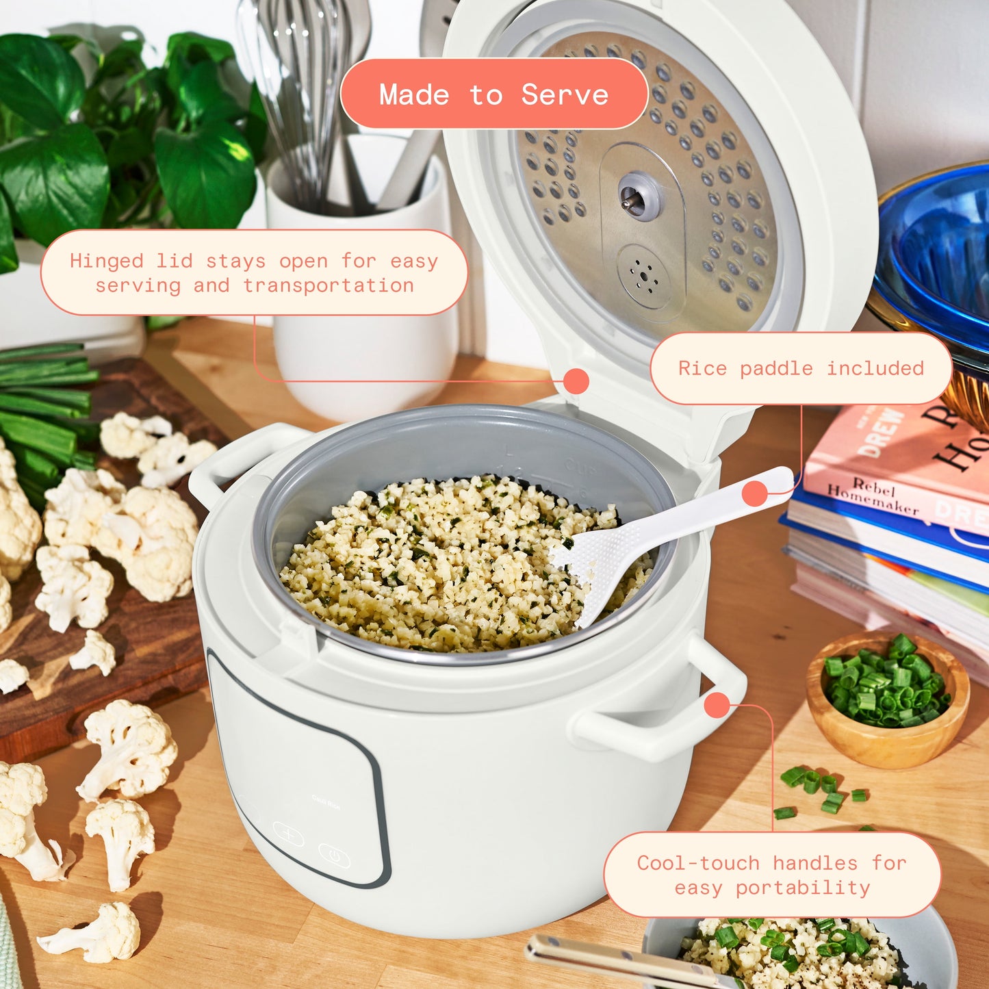 Beautiful 14-Cup Cooked, 6-Cup Uncooked Electric Rice and Grain Cooker, EverGood Non-Toxic Ceramic Nonstick Coating, White Icing by Drew Barrymore