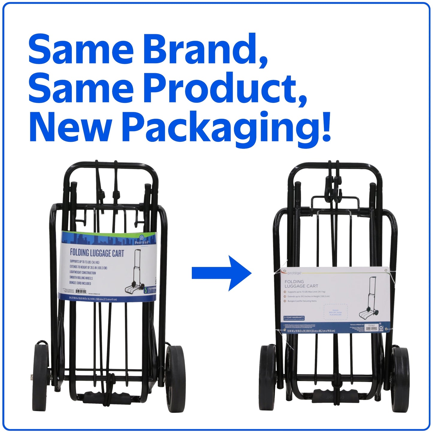 Protege Metal Folding Luggage Cart, Black, 39" x 13" (15" Platform), 3lbs Empty, 75lb Capacity
