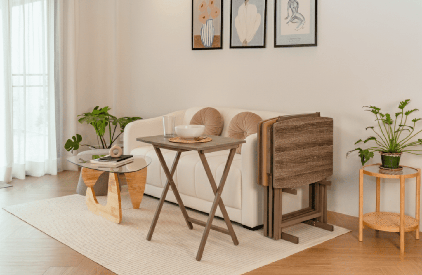 Mainstays XL Oversized 5-Piece Rubberwood Folding TV Tray Table Set of 4 with Storage Rack, Rustic Gray