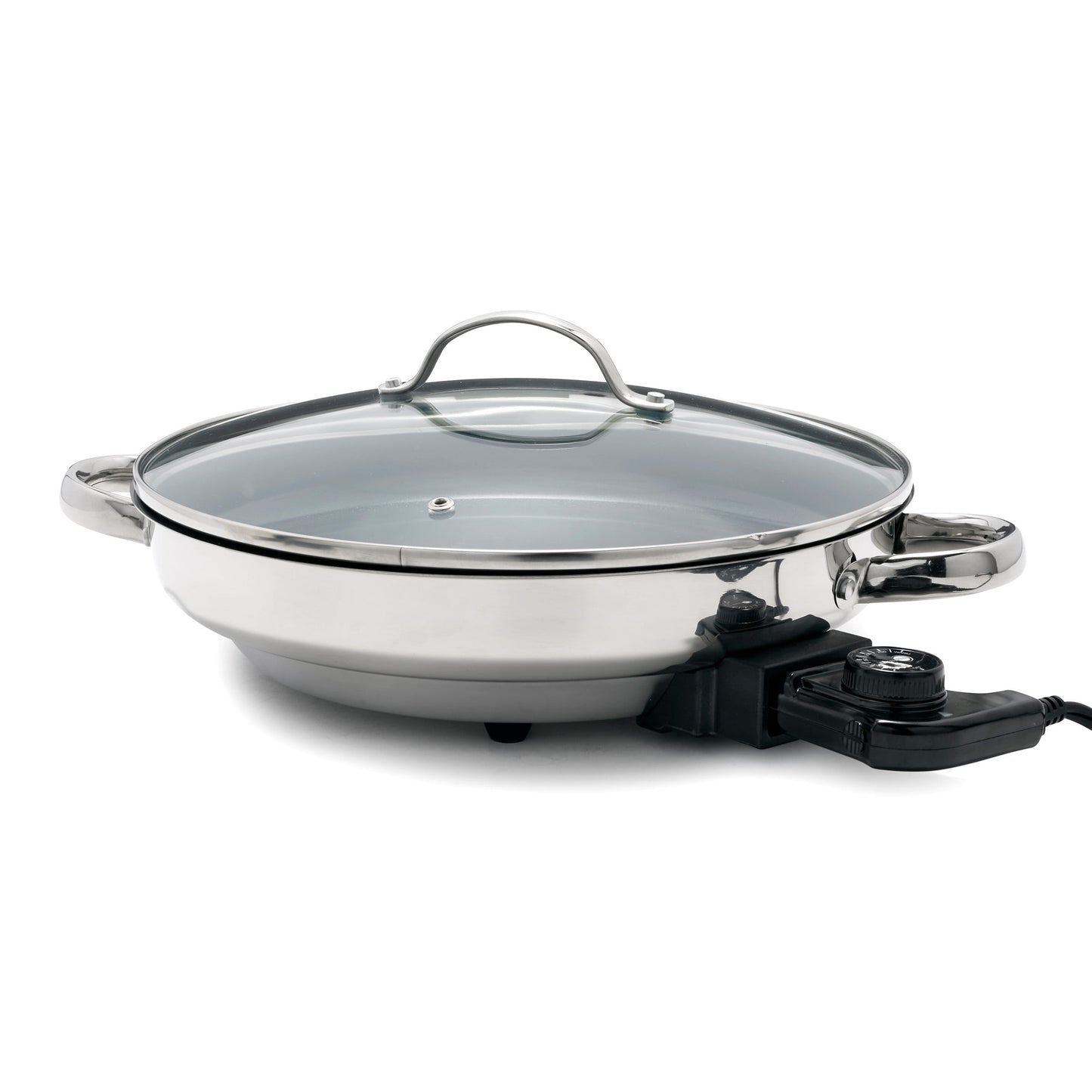 Mainstays 12" Round Ceramic Skillet with Glass Lid ,Black,Nonstick, 1200W, Removable Temp Control, Dishwasher Safe
