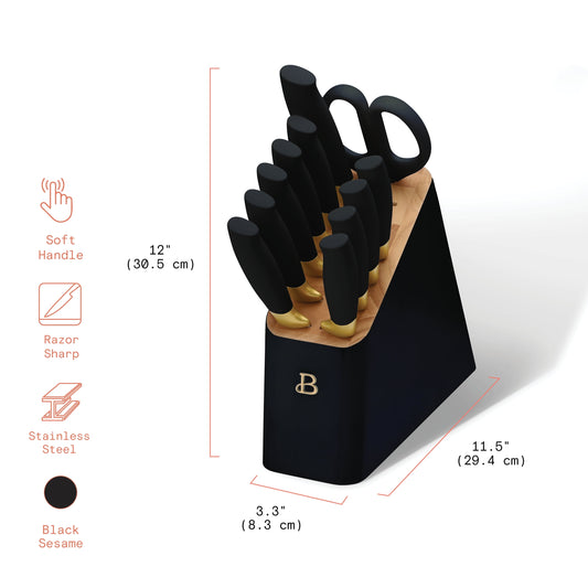 Beautiful 12 Piece Stainless Steel Knife Set Block Soft Grip Handles Black Sesame by Drew Barrymore