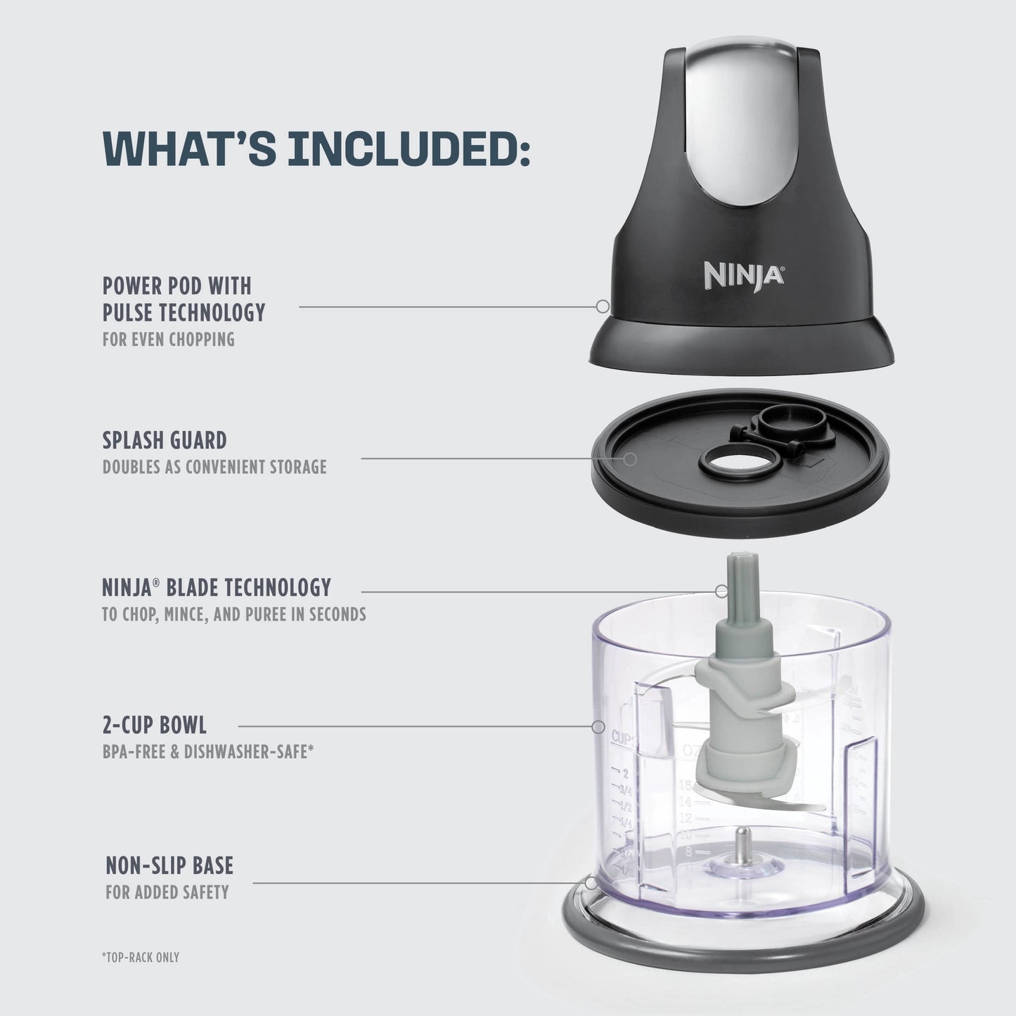 Ninja Food Chopper 2-Cup, One-Touch Pulse, Splash Guard & Storage Lid, Compact Kitchen, NJ100 Gray