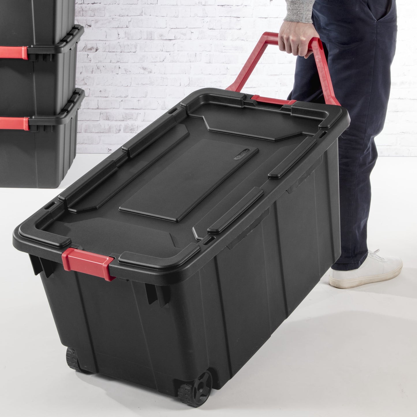 Sterilite Extra-Large Wheeled Industrial Storage Bin, 40 Gallon Durable Plastic Storage Tote with Latching Lid and Pull Handle, Black, 2 Pack