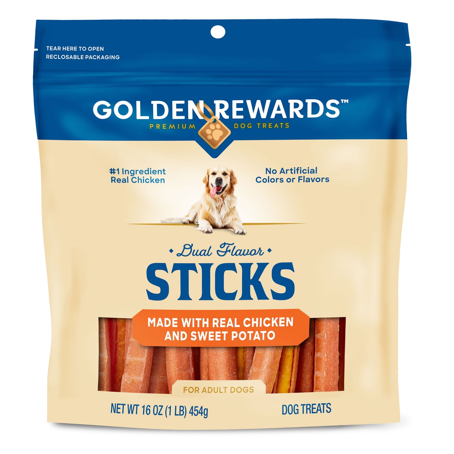 (4 pack) Golden Rewards Chicken and Sweet Potato Dual Flavor Treat Sticks for Dogs, 16 oz Bag