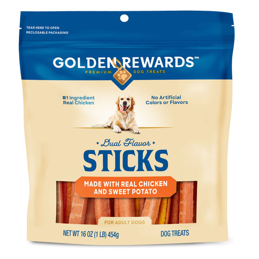 (4 pack) Golden Rewards Chicken and Sweet Potato Dual Flavor Treat Sticks for Dogs, 16 oz Bag