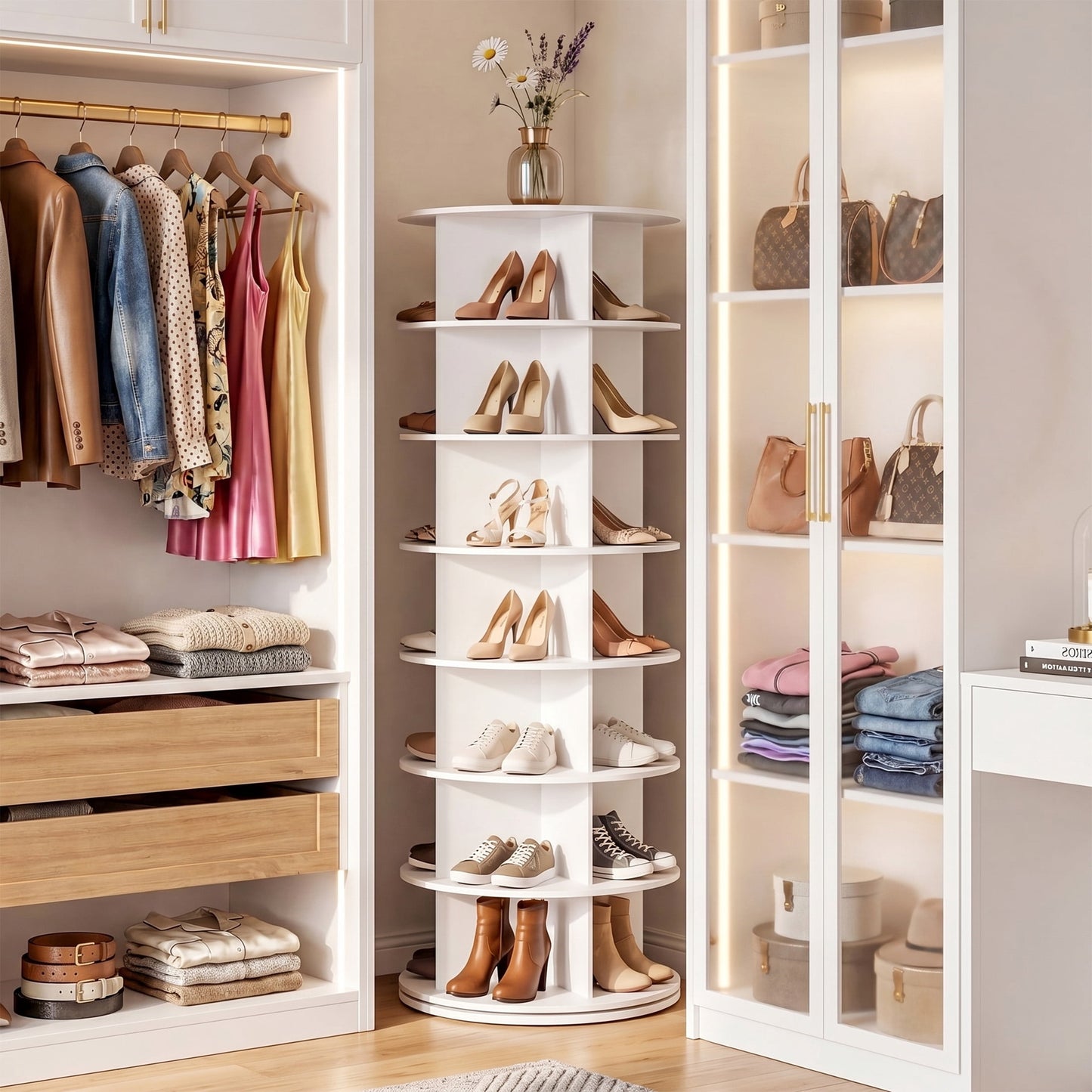CONCETTA 7 Tier Rotating Shoe Rack Organizer, 360° Spinning Shoe Storage Tower, White Entryway Closet Shoe Shelf for Sneakers, Heels, Boots