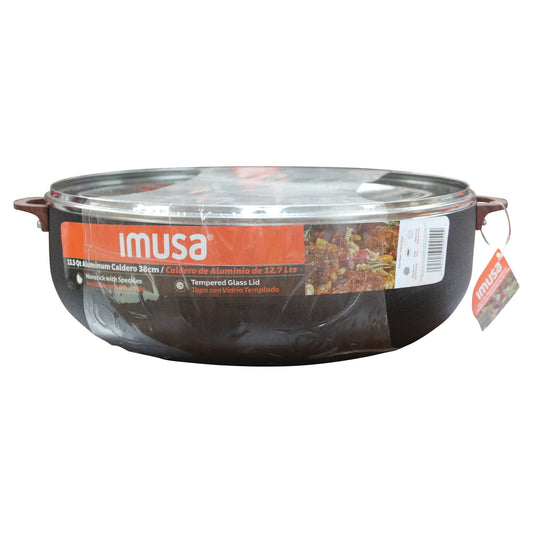 IMUSA 13.5qt Black Stone Aluminum Speckled Nonstick Caldero with Glass Lid & Wood Look Handles, Black