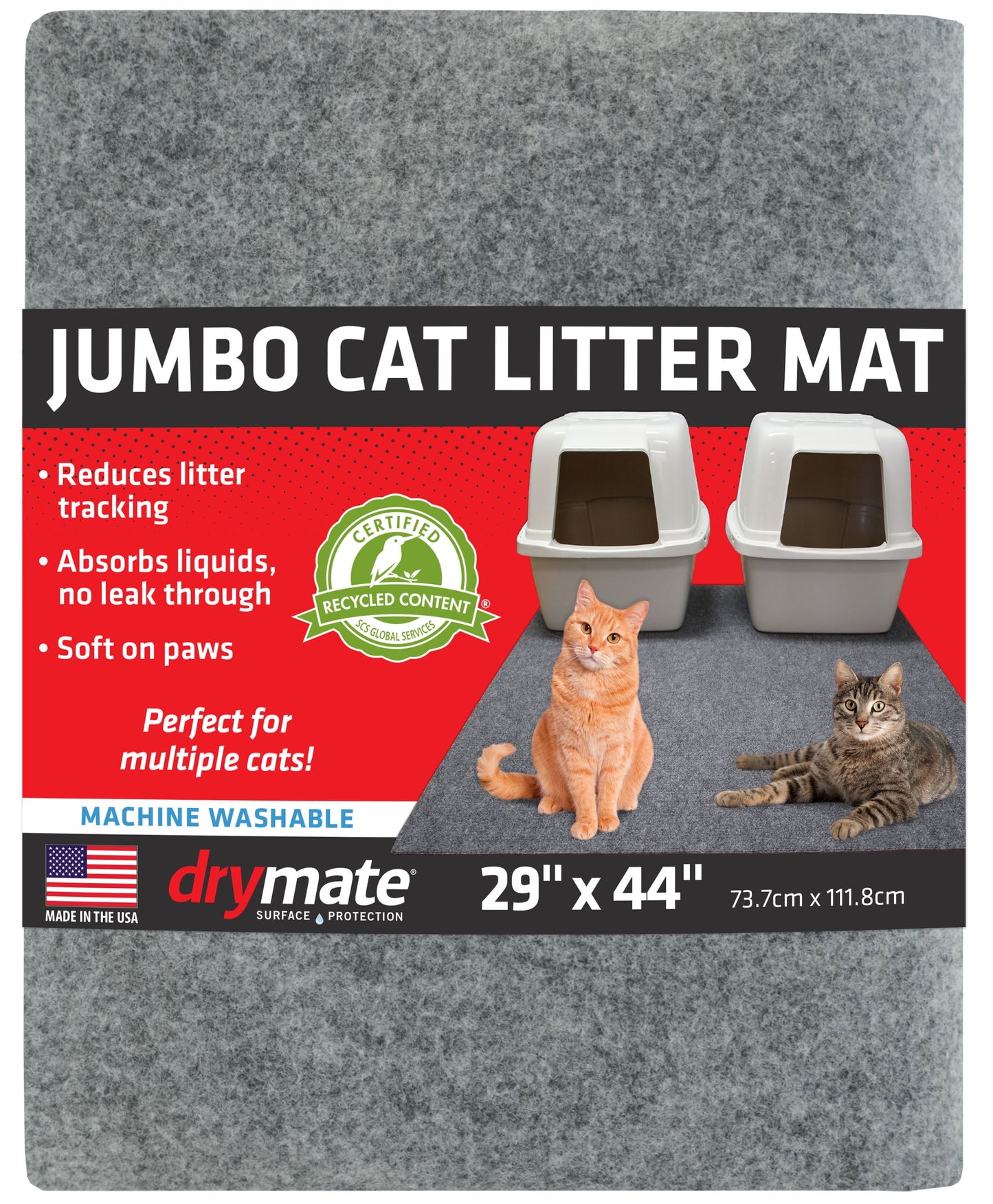Drymate Jumbo Cat Litter Box Mat, Waterproof Urine-Proof, Absorbent, Machine Washable, Contains Mess, Soft on Paws, Kitten Supplies 29x44, Light Grey