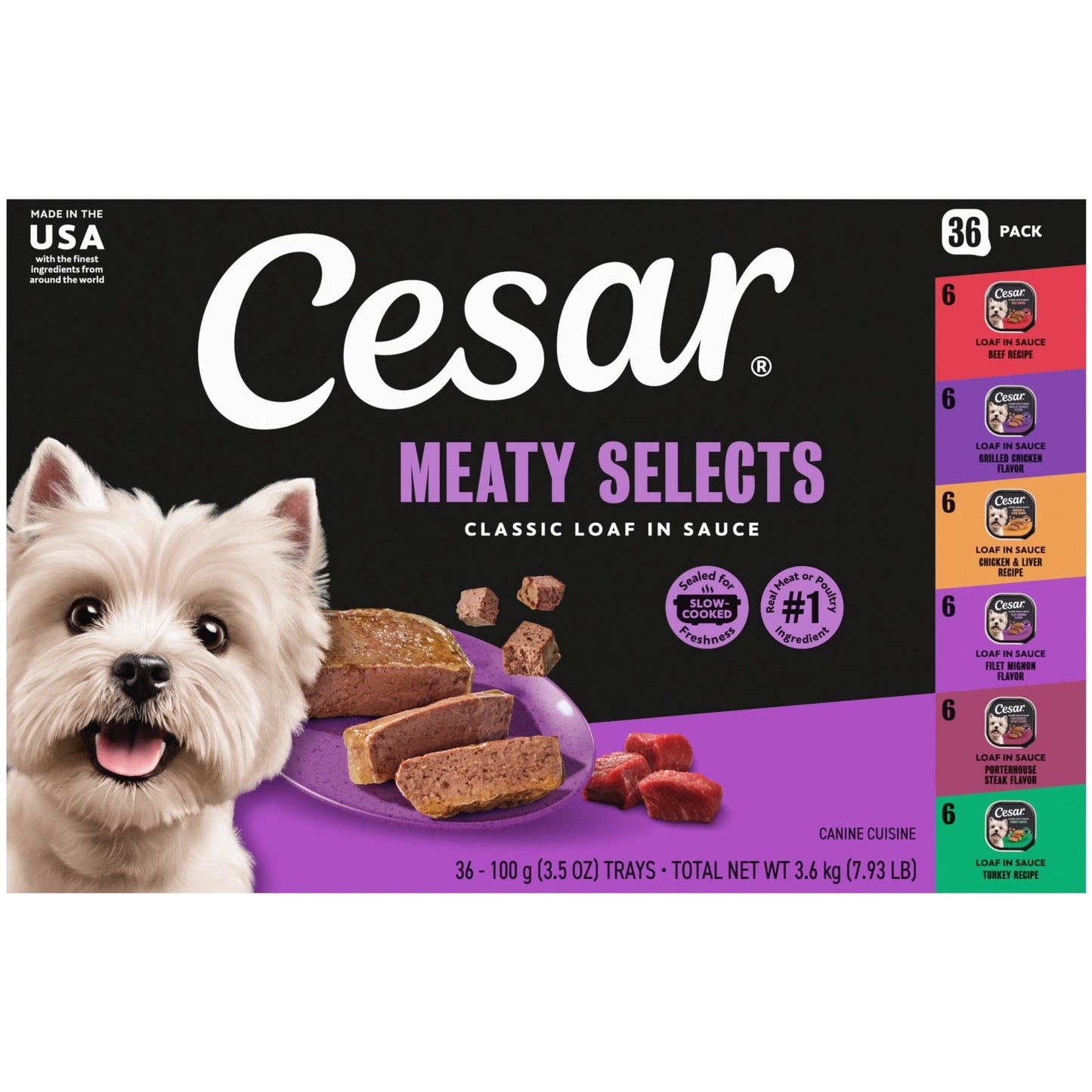 Cesar Loaf in Sauce Poultry and Beef Flavors Adult Wet Dog Food Variety Pack, 3.5 oz Trays, 36 Ct.