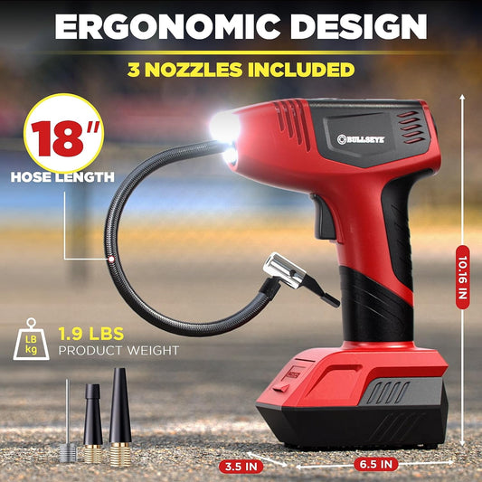 Bullseye Pro Inflador de Llantas 150 PSI Compresor de Aire Eléctrico Bomba de Aire Portátil Auto Bicicleta LED 12V DC Rojo