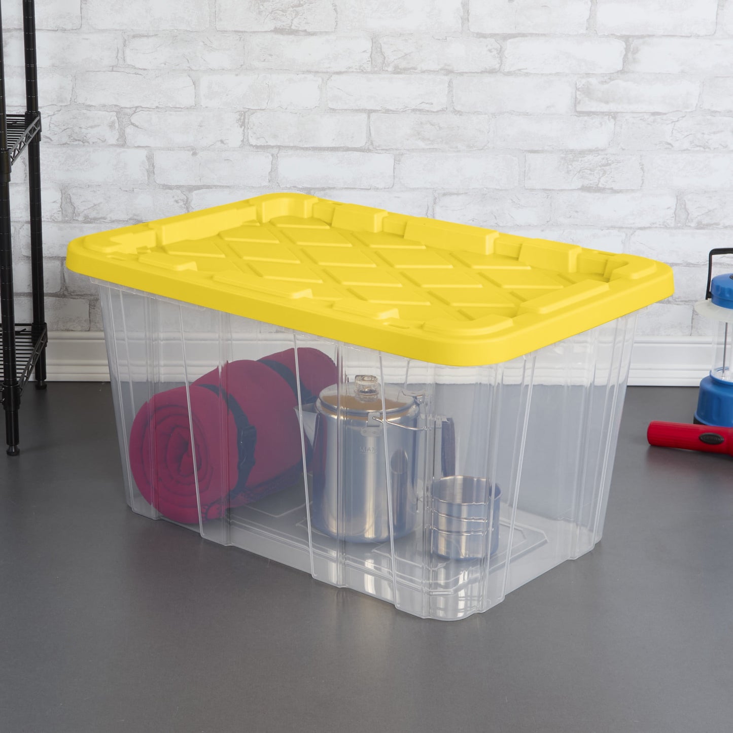 Sterilite Large Industrial Storage Tote, 27 Gallon Durable Clear Plastic Storage Bin with Snap-Fit Lid, Yellow, 4 Pack