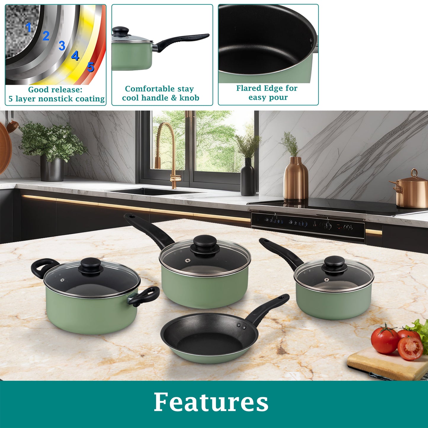Mainstays 7 Piece Nonstick Aluminum Pots and Pans Cookware Set, Green