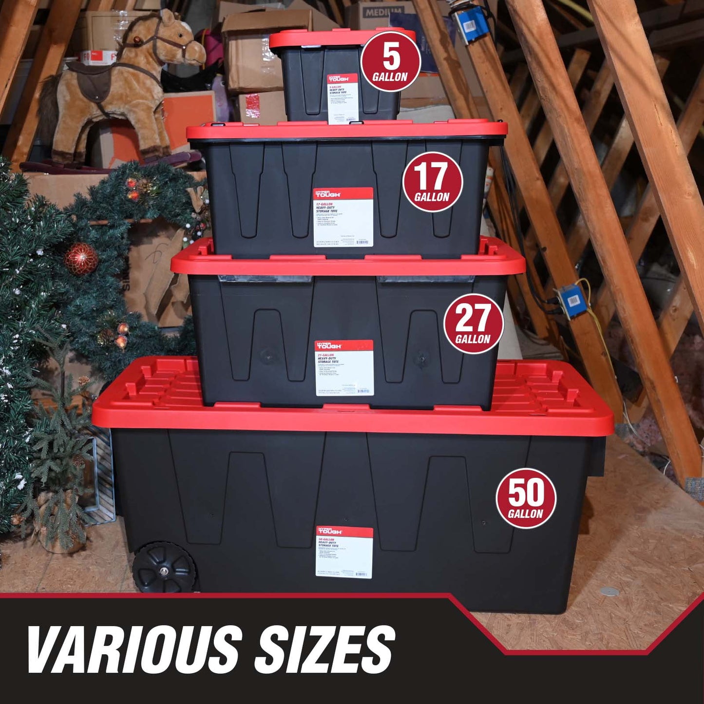 Hyper Tough 27 Gallon Large Storage Bin with Snap Lid, Black and Red, Heavy Duty Plastic Storage Container
