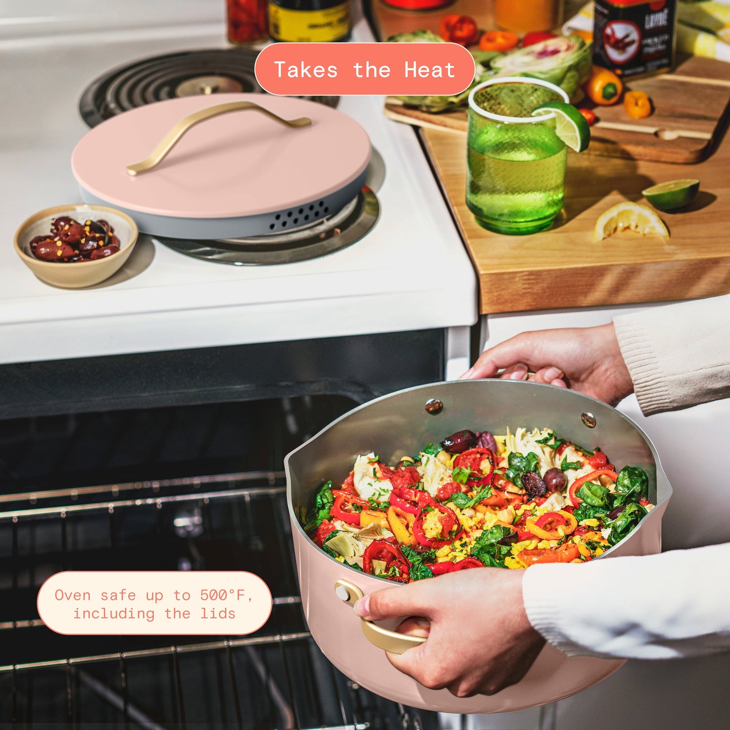 Beautiful 12-Piece Evergood Non-Toxic Ceramic Nonstick Coating Cookware Set, Pots and Pans with Strainer Lids, Rose by Drew Barrymore