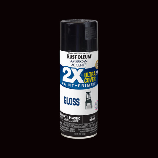 (2 pack) Black, Rust-Oleum American Accents 2X Ultra Cover Gloss Spray Paint-327870, 12 oz