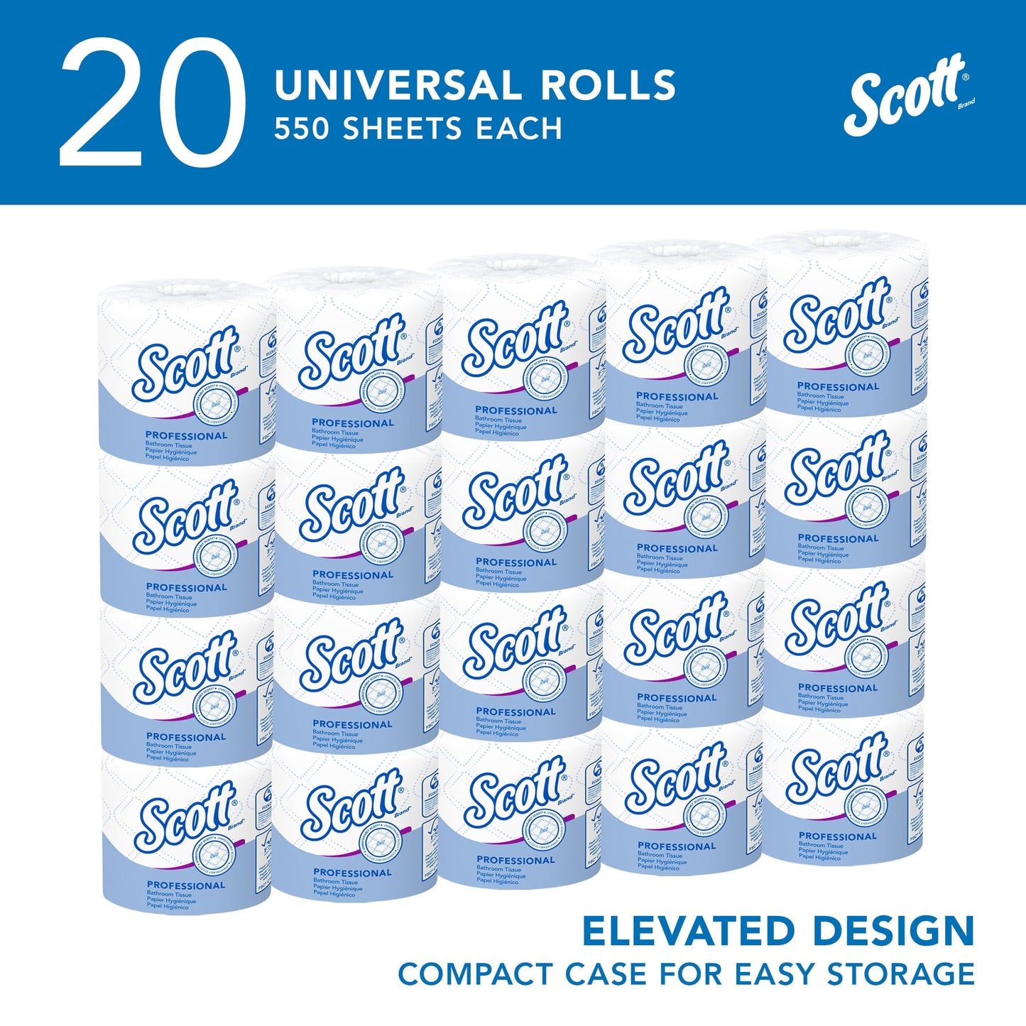 Scott Professional Standard Roll Toilet Paper, Bulk (13607), 2-Ply, Elevated Design, White, Individually Wrapped, Compact for Easy Storage (20 Rolls of 550 Sheets, 11,000 Sheet Total)