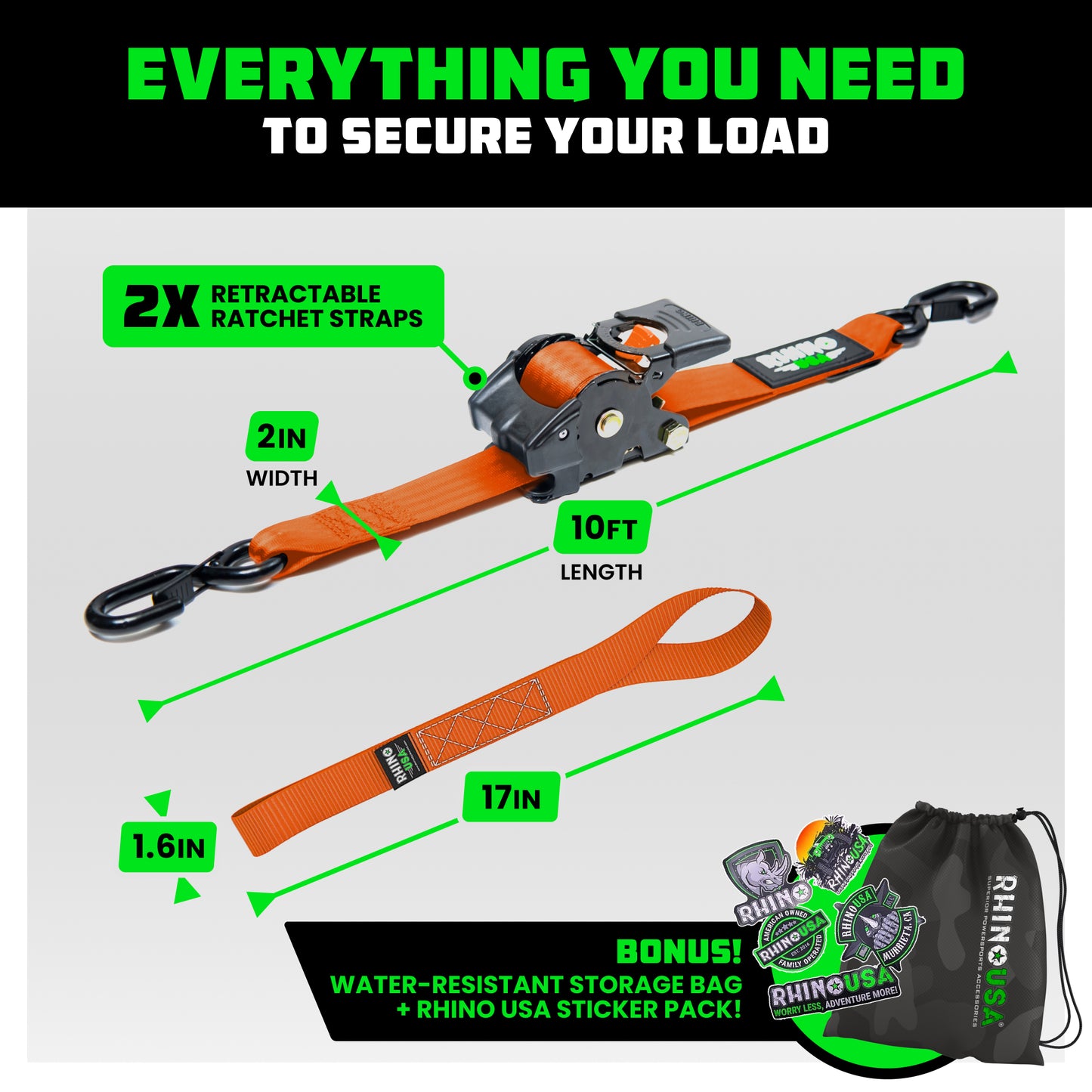 Rhino USA Heavy Duty 2" x 10' Retractable Ratchet Straps 3,033lb Break Strength (Orange 2-Pack)