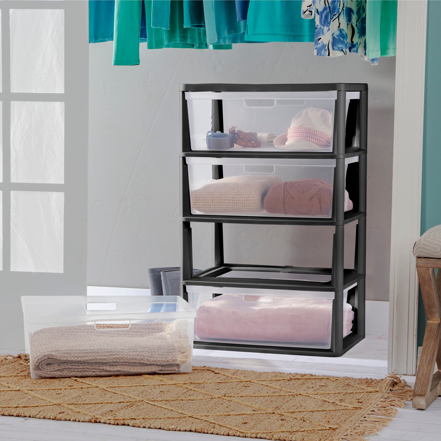 Sterilite Wide 4 Drawer Tower, Plastic Storage Organizer with Removable Clear Bins, Easy Assembly, No Tools Needed, Black