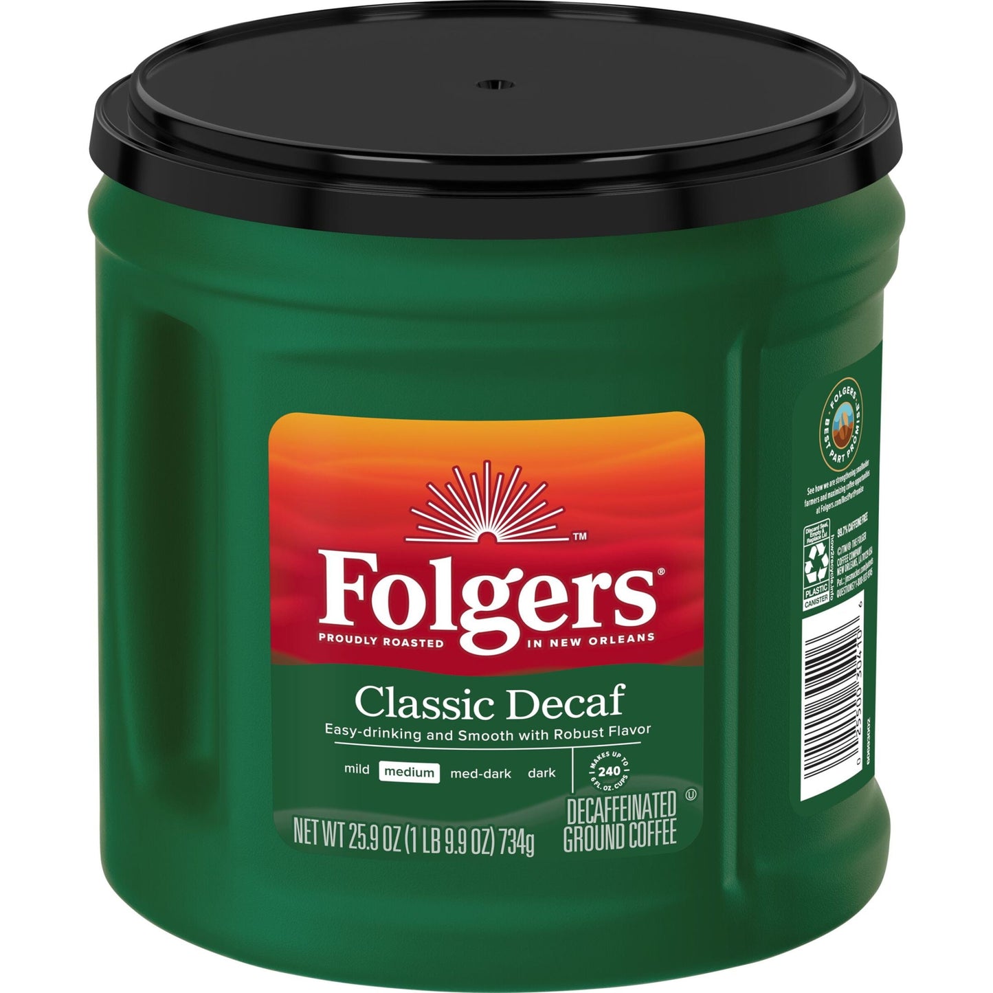 Folgers Classic Decaf Ground Coffee, Medium Roast, 25.9 oz Canister