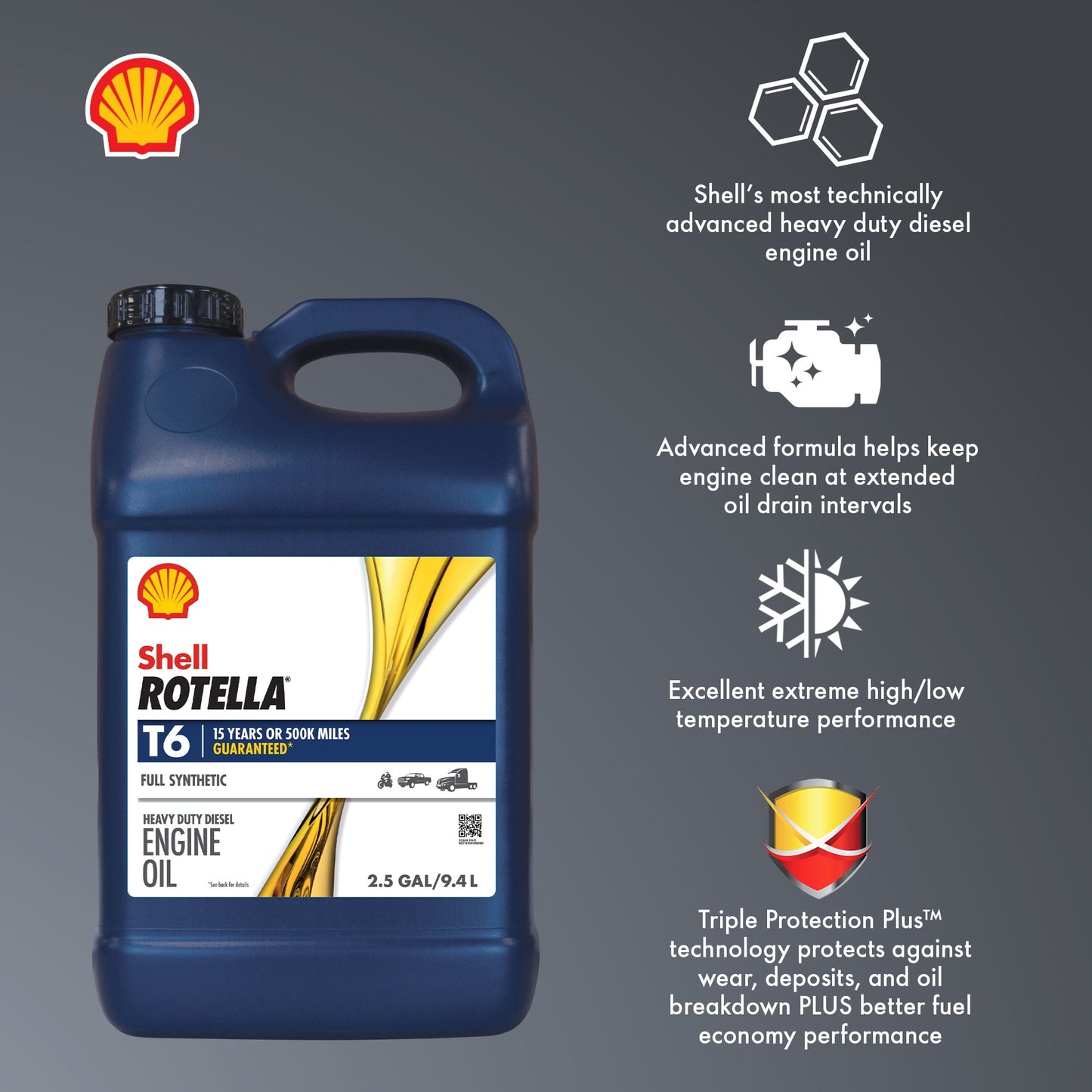 Shell Rotella T6 Full Synthetic 15W-40 Diesel Engine Oil, 2.5 Gallon