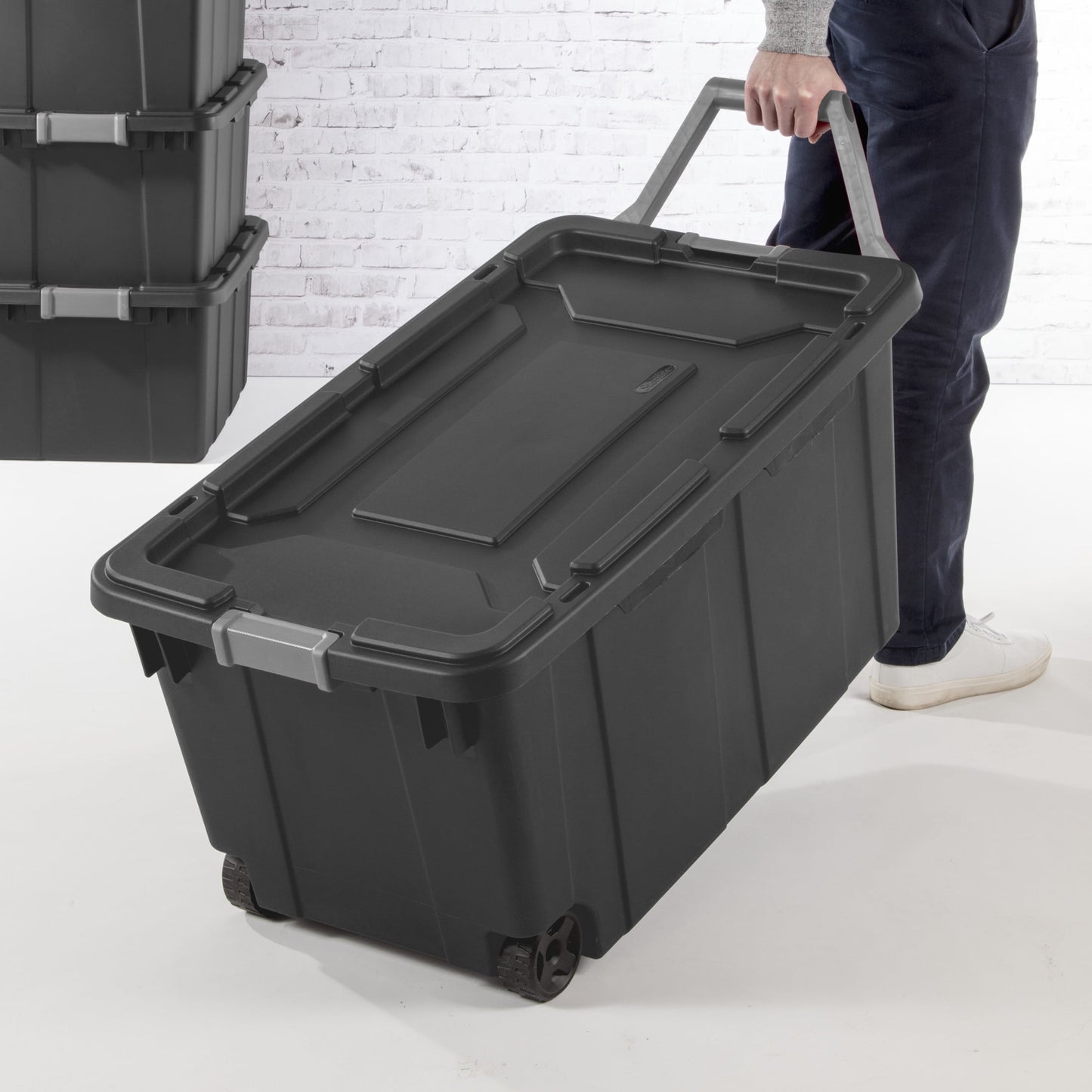 Sterilite Extra-Large Wheeled Industrial Storage Bin, 40 Gallon Durable Plastic Storage Tote with Latching Lid and Pull Handle, Dark Gray, 2 Pack